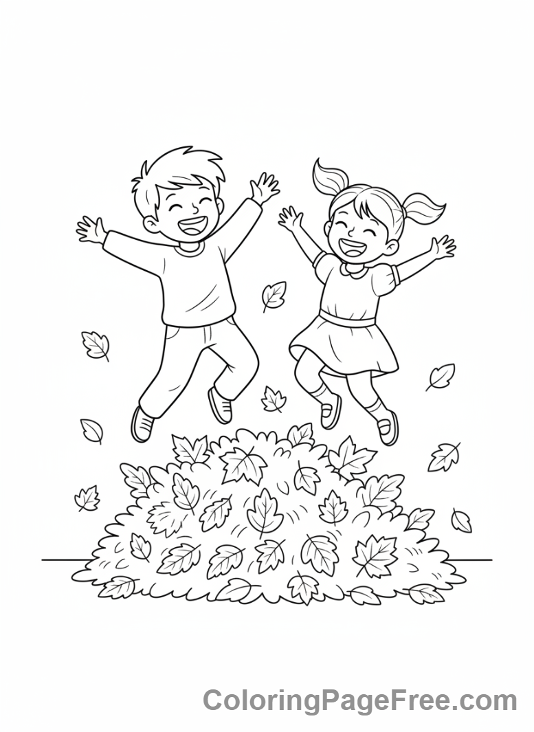 Autumn coloring page - Kids playing leaves
