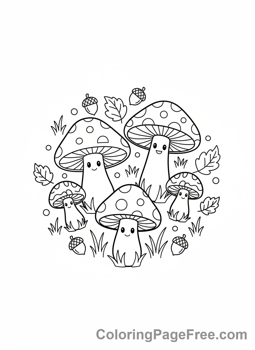 Autumn coloring page - Mushroom circle forest