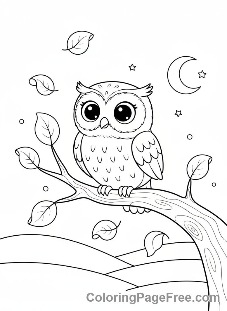 Autumn coloring page - Owl on branch