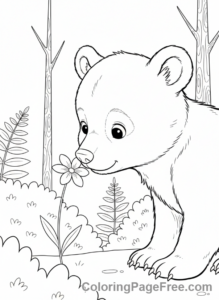 Baby Animals coloring page - Baby bear sniffing flower