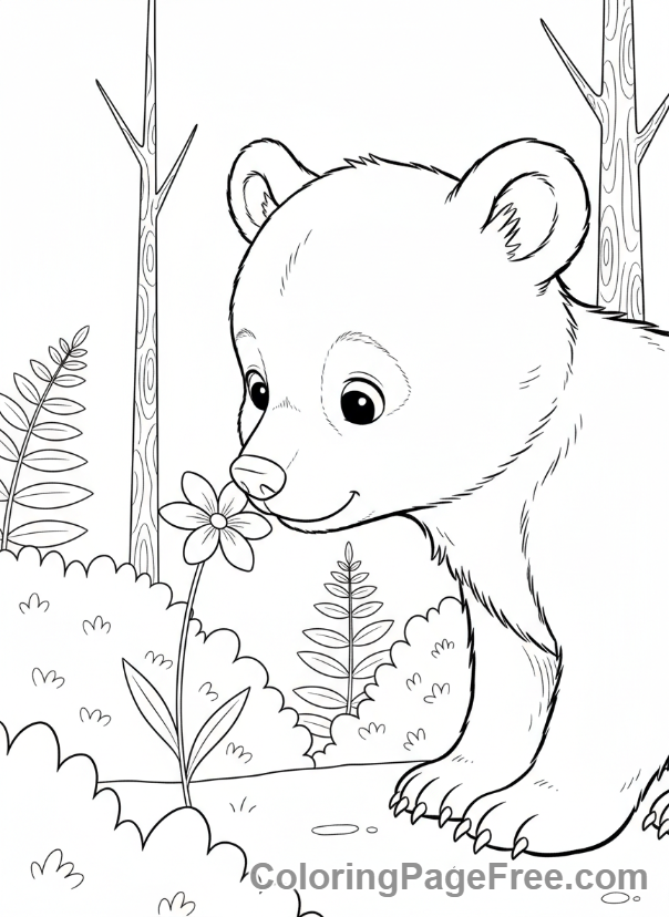 Baby Animals coloring page - Baby bear sniffing flower