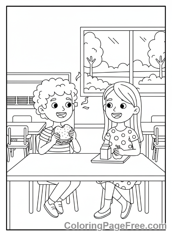 Back To School coloring page - Lunchtime friends eating