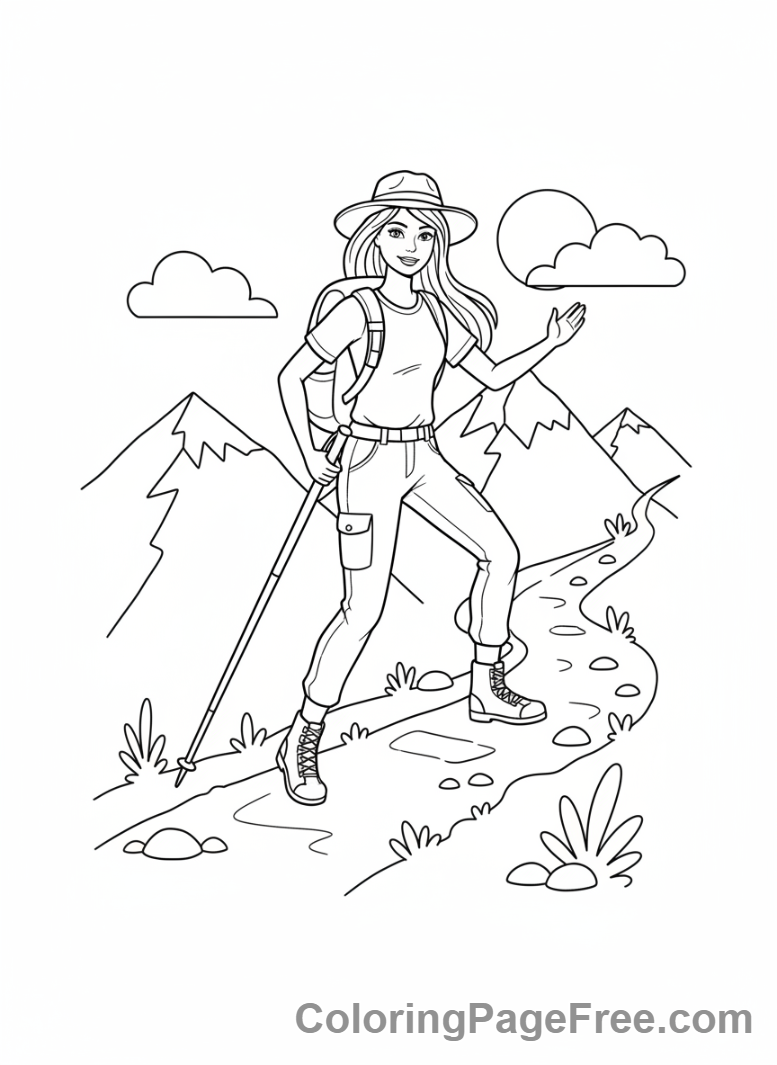 Barbie coloring page - Barbie hiking mountain
