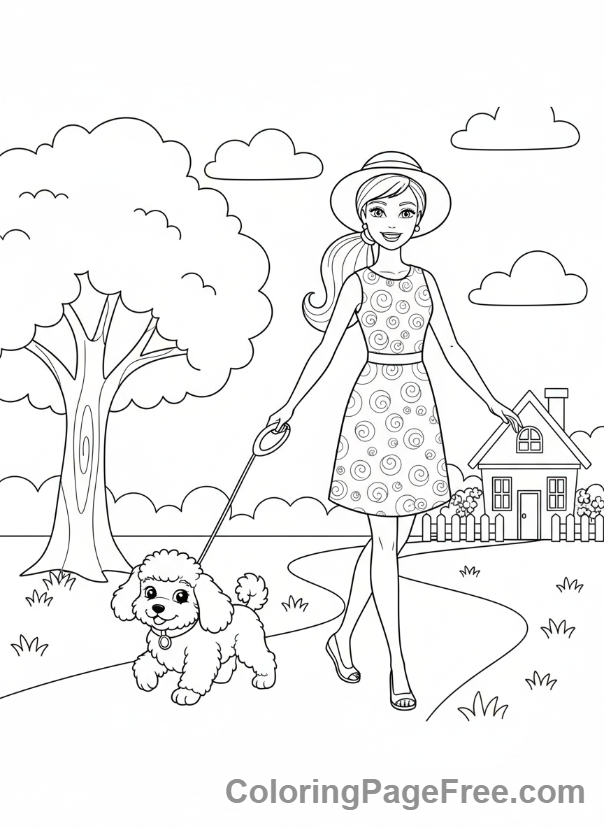 Barbie coloring page - Barbie walking dog