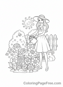 Barbie coloring page - Barbie watering flowers