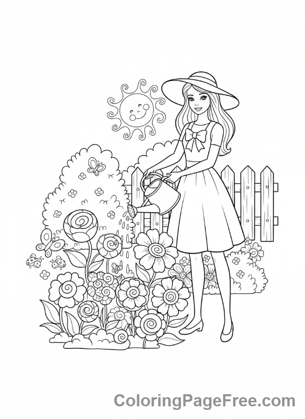 Barbie coloring page - Barbie watering flowers