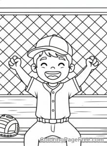 Baseball coloring page - Kid cheering dugout
