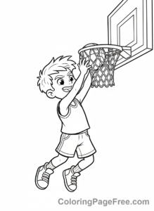 Basketball coloring page - Kid dunking hoop