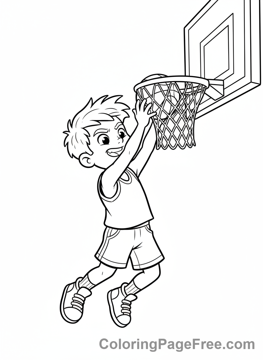 Basketball coloring page - Kid dunking hoop