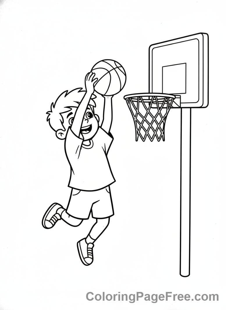 Basketball coloring page - Kid shooting hoop