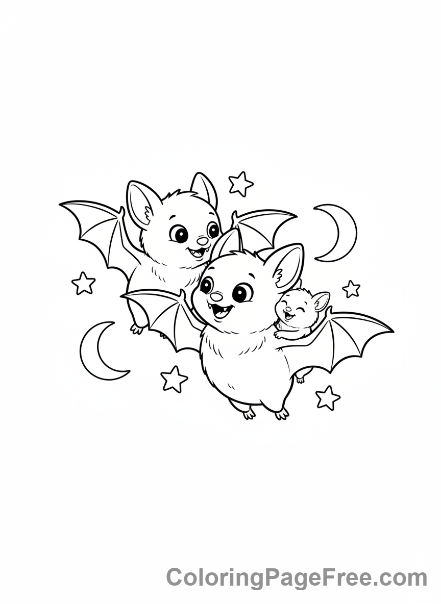Bat Halloween coloring page - Bat family flying