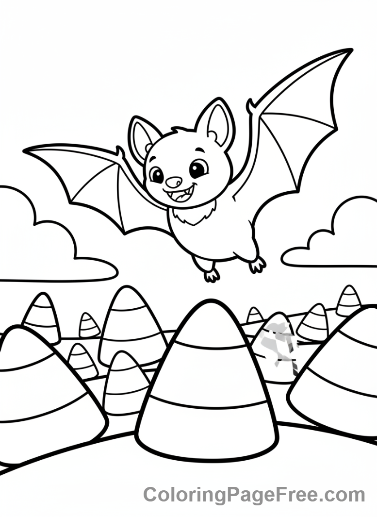 Bat Halloween coloring page - Bat flying candy corn