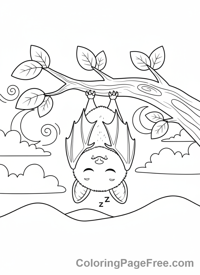Bat Halloween coloring page - Bat hanging upside-down
