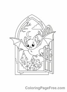 Bat Halloween coloring page - Bat in haunted house