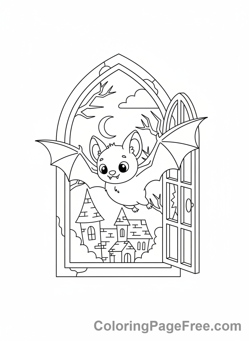 Bat Halloween coloring page - Bat in haunted house
