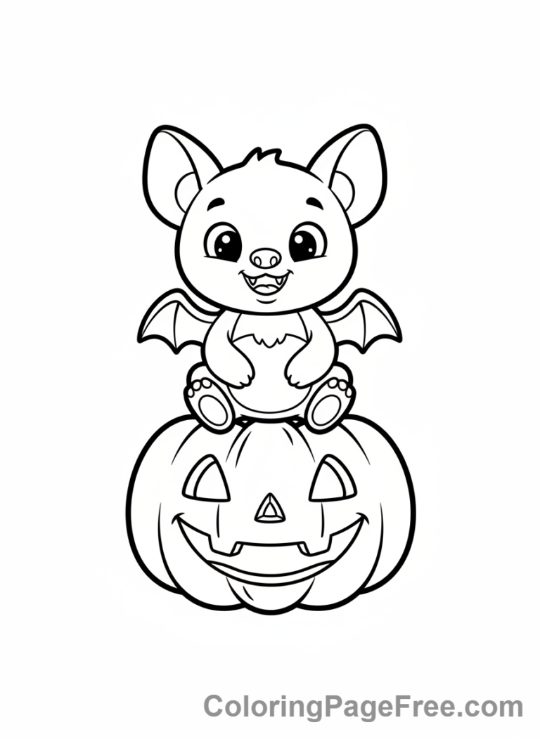 Halloween bat perched on a pumpkin coloring page