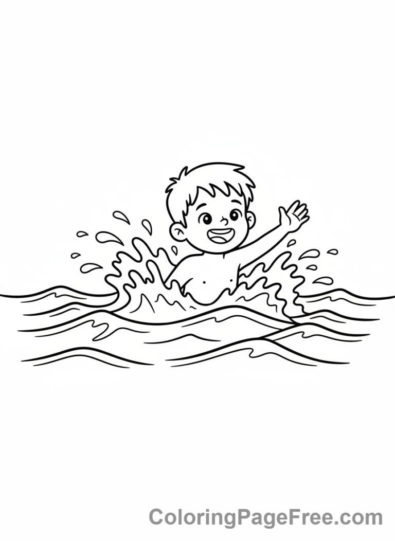 Beach coloring page - Boy swimming ocean