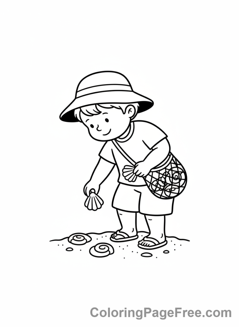 Beach coloring page - Child collecting shells