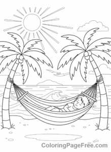 Beach coloring page - Child sleeping hammock