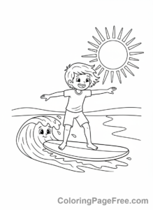Beach coloring page - Child surfing wave