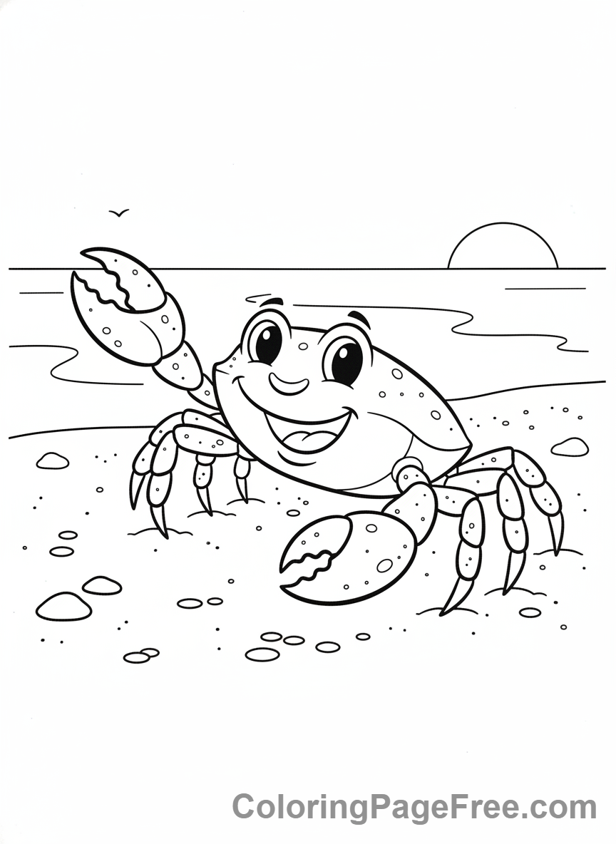 Beach coloring page - Cute crab on sand