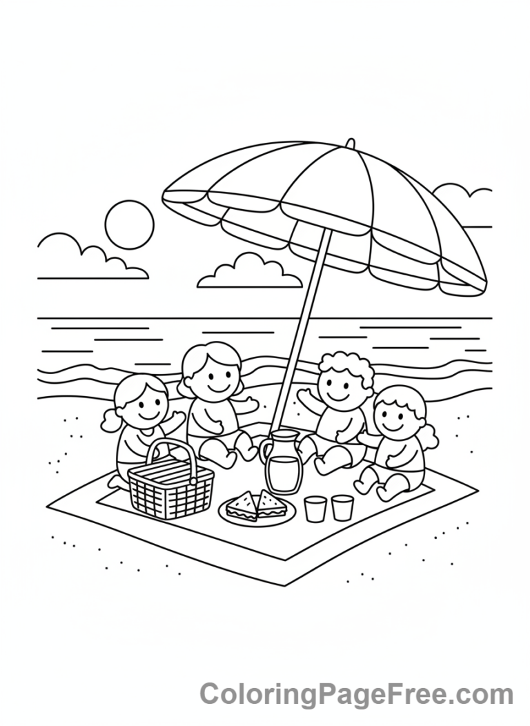 Beach coloring page - Family beach picnic