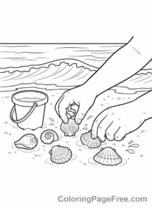 Beach coloring page - Hands collecting seashells