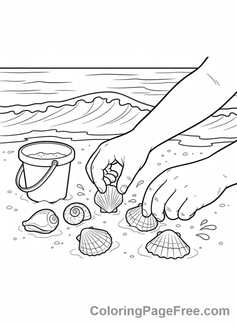 Beach coloring page - Hands collecting seashells