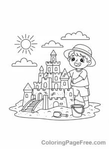 Beach coloring page - Kid building sandcastle