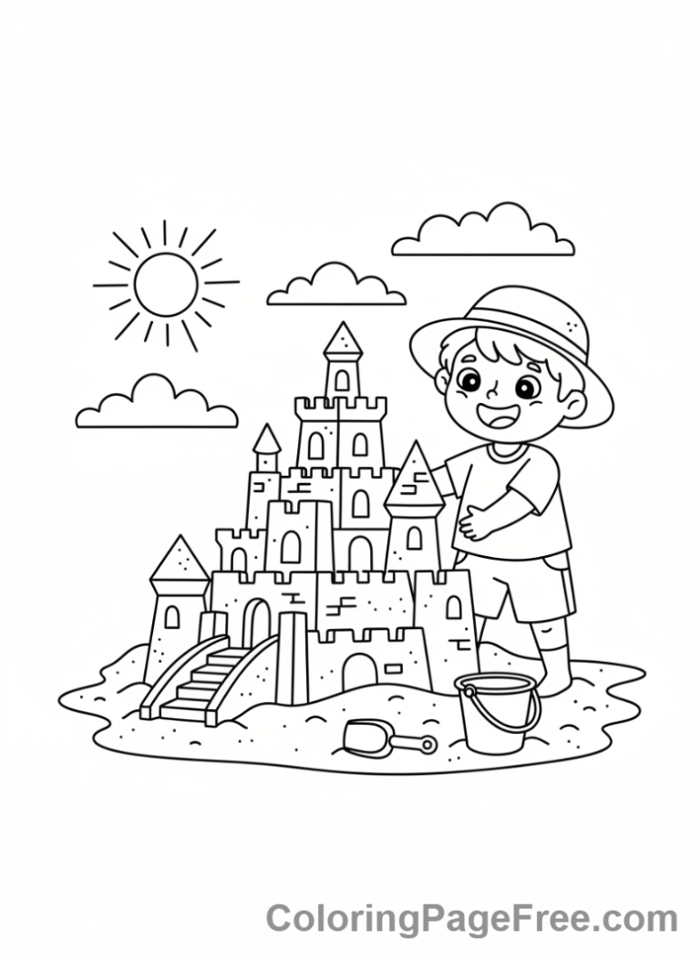 Beach coloring page - Kid building sandcastle