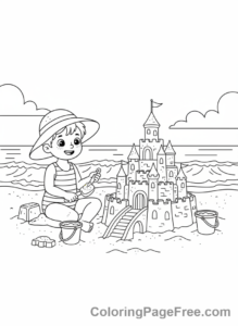 Beach coloring page - Kids building sandcastle