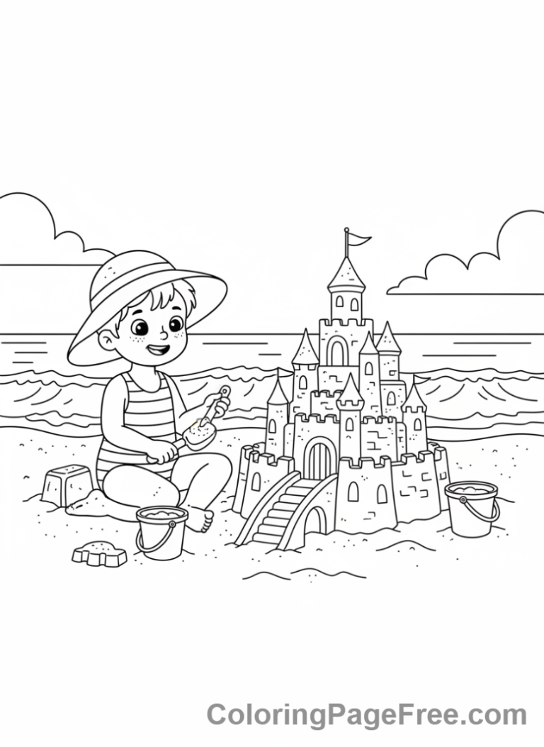 Beach coloring page - Kids building sandcastle