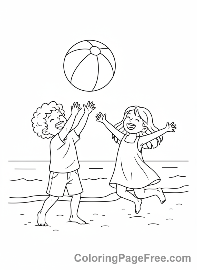 Beach coloring page - Kids playing beachball