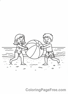Beach coloring page - Kids playing beachball