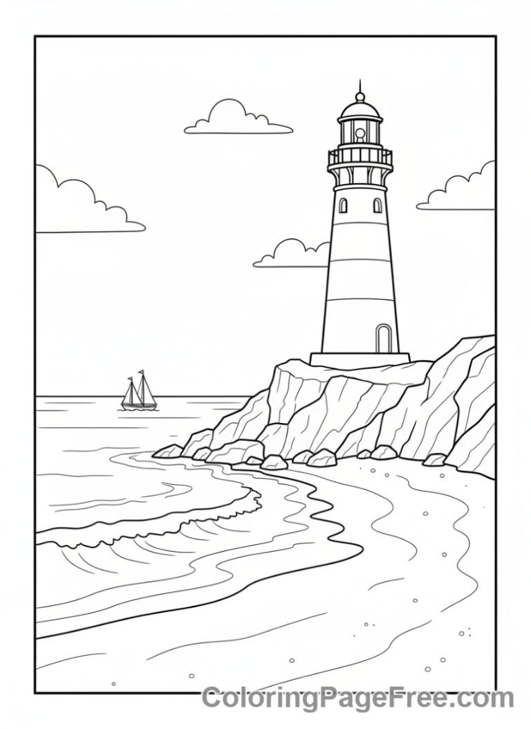 Beach coloring page - Lighthouse beach view