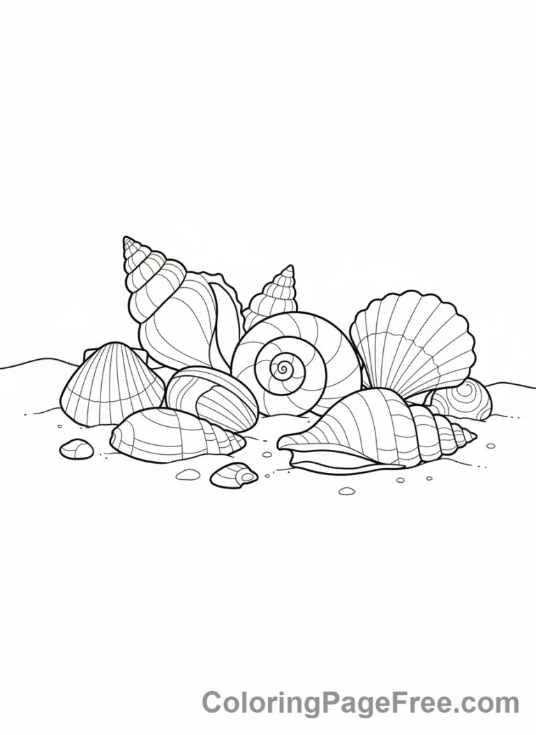 Beach coloring page - Seashell collection close-up