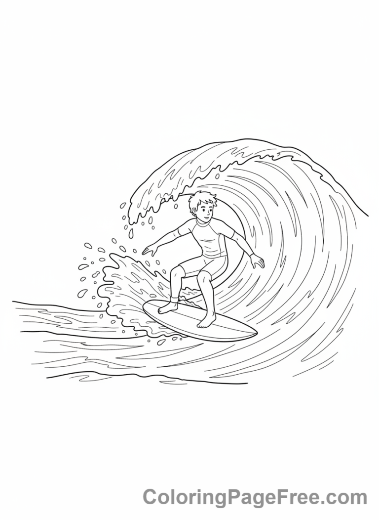 Beach coloring page - Surfer riding wave