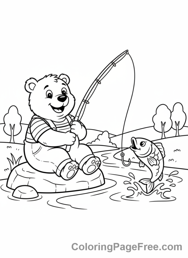 Bear coloring page - Bear fishing action