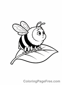 Bee coloring page - Bee on leaf pondering