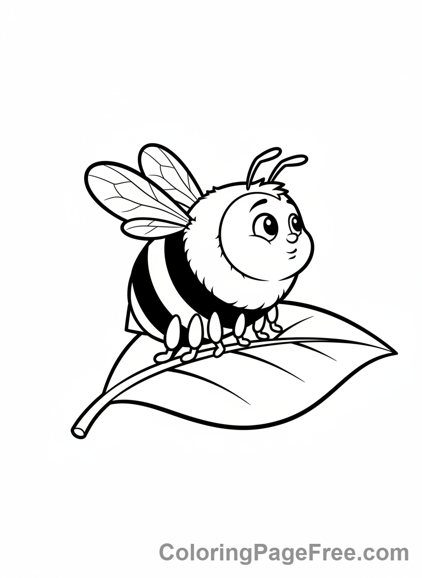 Bee coloring page - Bee on leaf pondering