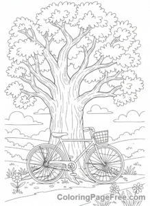 Bicycle coloring page - Bicycle leaning tree