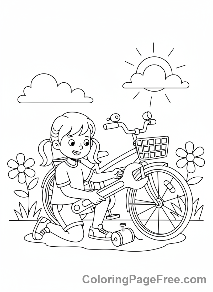 Bicycle coloring page - Girl fixing bike tire