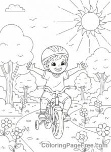 Bicycle coloring page - Kid riding bike park