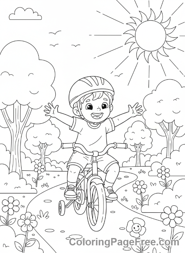 Bicycle coloring page - Kid riding bike park