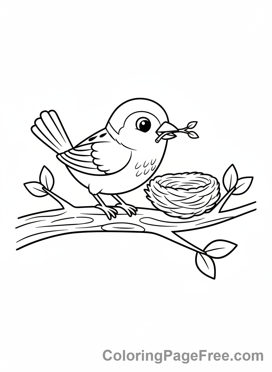 Bird coloring page - Sparrow building nest