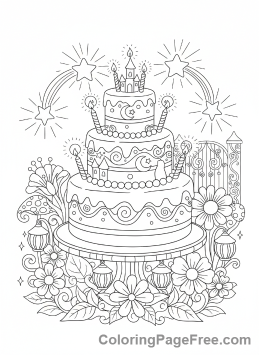 Birthday Cake coloring page - Magical Cake Garden