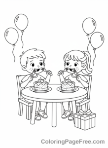 Birthday coloring page - Eating cake friends