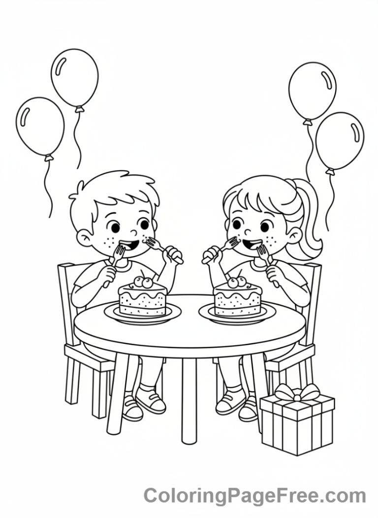 Birthday coloring page - Eating cake friends
