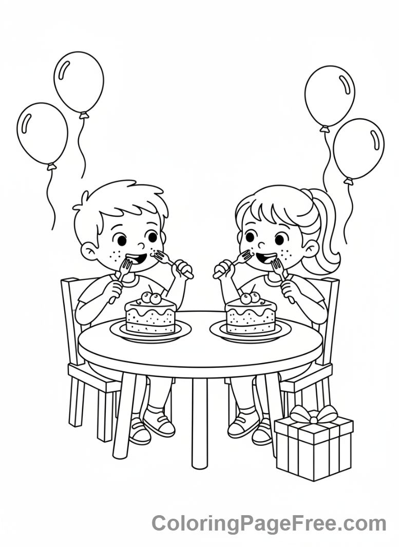 Birthday coloring page - Eating cake friends