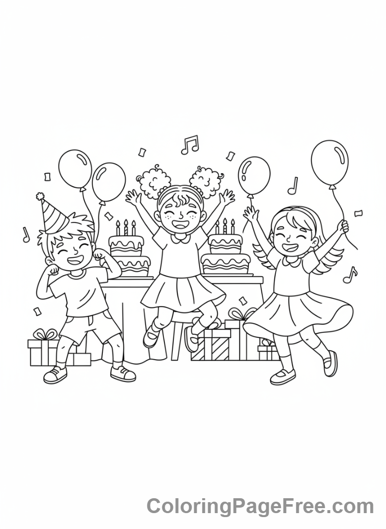 Birthday coloring page - Kids dancing party